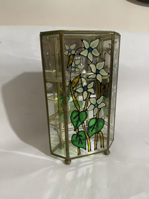 Brass & Glass Mini Curio Cabinet Jewelry Trinket 3 Panel Display Vintage Painted