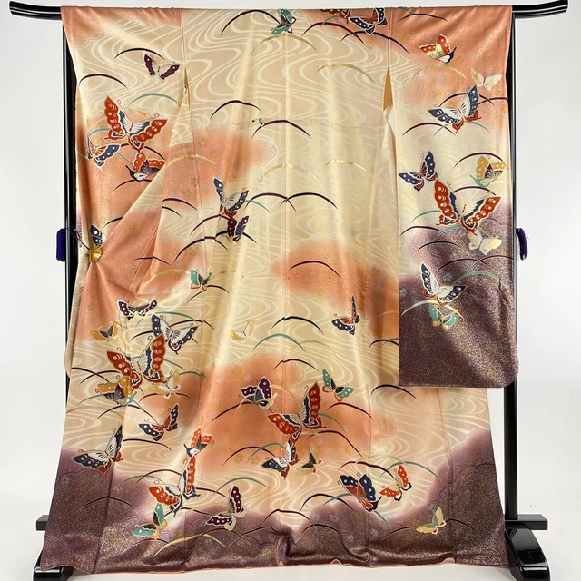 Japanese Kimono Antique Furisode  butterfly running water gold and silver paint