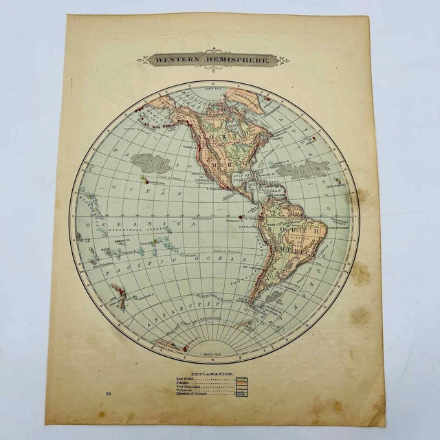 1896 Harper’s School Geography Physical Map of WESTERN HEMISPHERE Color 9x12 FL1