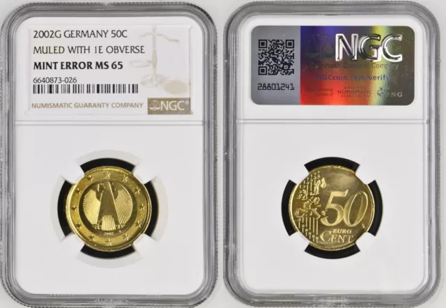 50 Cent 2002G mit 1 € Rückseite ,Adler statt Brandenburger Tor NGC MS 65  106571