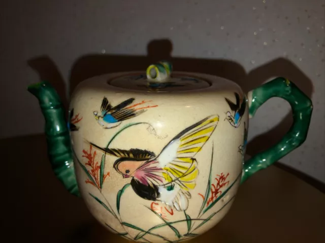 japanese antique porcelain Small Teapot Hand Painted Bird&Bamboo Handle