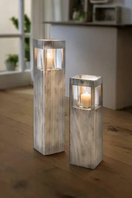 Windlicht Laterne Säule Deko Kerzenhalter Kerzenständer Holz Glas Shabby 50 cm
