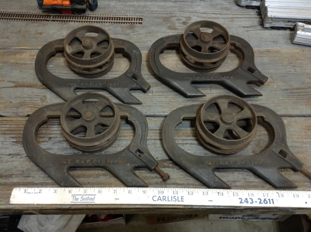 4 Patent Date May 24,1881 Antique Vintage Cast Iron DOOR TROLLEYS Barn Pocket