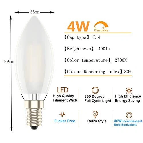 E14 Dimmable Led Candle Bulb,C35 SES Small Edison Screw,4w Equivalent 40w, Warm 4