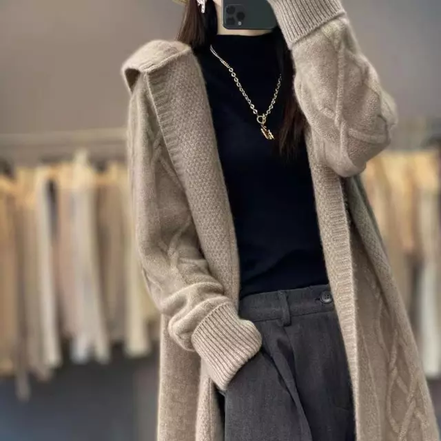 Autumn and winter new mid-length cashmere cardigan women hooded twist knit coat 2