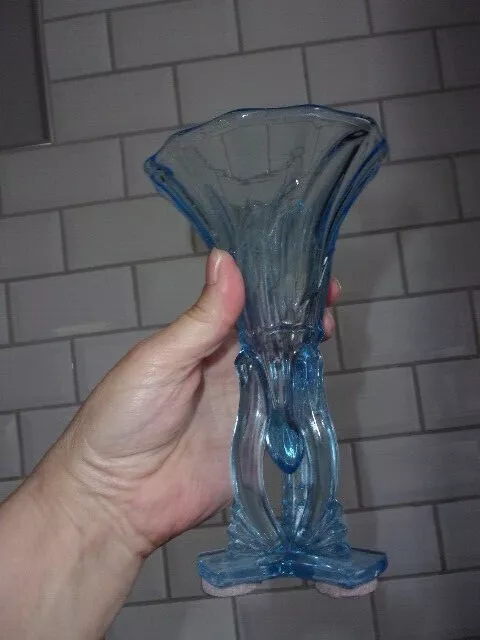 Vintage Art Deco Blue Pressed Glass Rocket Vase: 6.5" tall Rosice Glassworks C/1