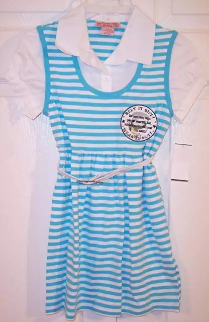 NWT Beautees Girl's SS Aqua Striped Dress with Belt, Small, $28