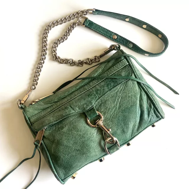 REBECCA MINKOFF Mini M.A.C. Green Leather Crossbody Detachable Chain Strap