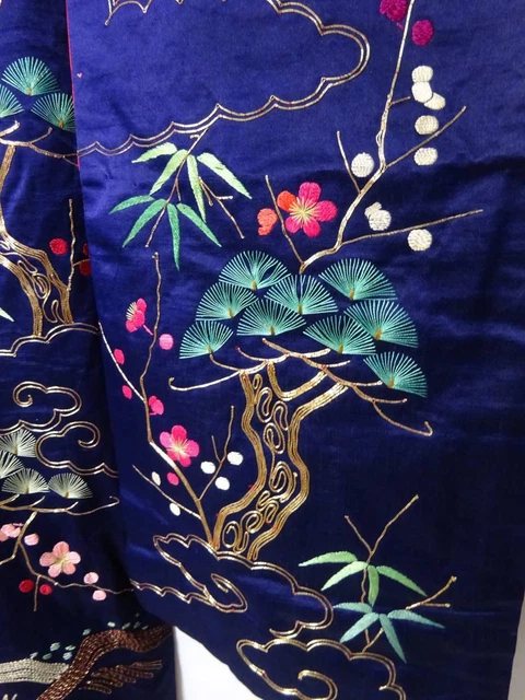 Japanese Kimono Uchikake Luxurious Wedding Embroidery Pure Silk Crane Navy K143 9