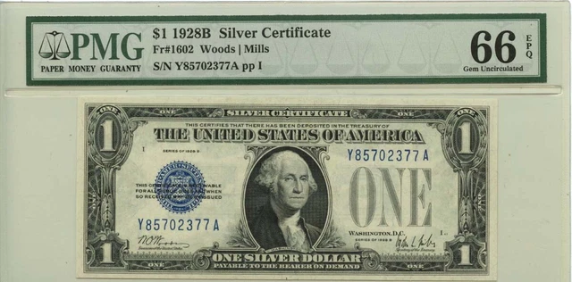 1928B $1 Silver Certificate Blue Seal Fr# 1602 PMG Gem66 EPQ