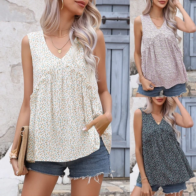 Camicia estive donna collo a V senza maniche con stampa floreale per ogni occasi