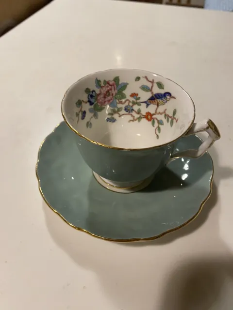 Aynsley Pembroke Sage Tea  Cup Blue Bird Saucer Bone China England English