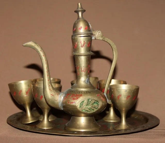 Vintage Islamic ornate engraved brass coffee/tea set pot, tray and 6 goblets