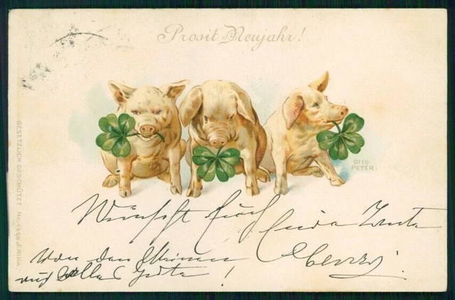 Pig Happy New Year Four Leaf Clover Erika 1556 postcard TC3633