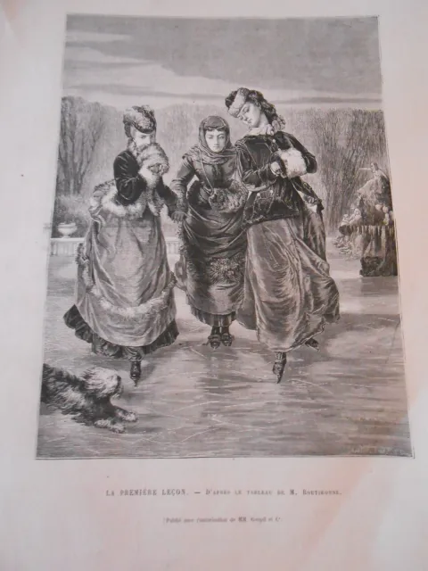 Gravure 1873 - Patinage La première leçon d'après Boutibonne