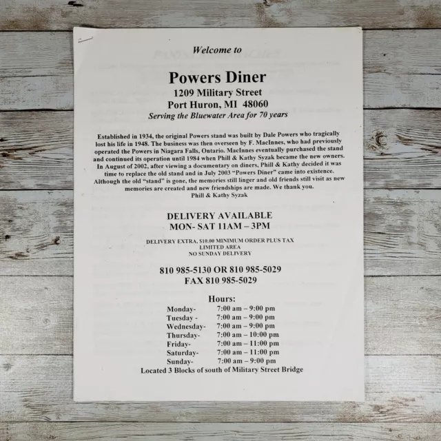 Powers Diner Port Huron Michigan MI Paper Restaurant Menu Defunct