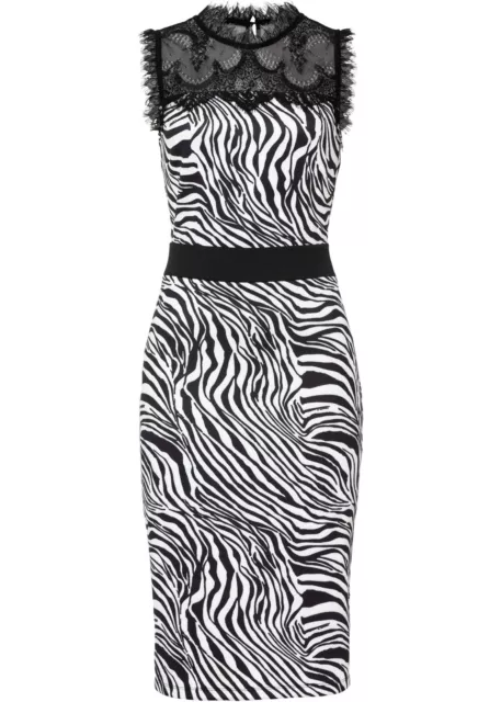 Kleid mit Spitze Gr. 32/34 Schwarz Weiß Zebra Damenkleid Etuikleid Dress Neu*