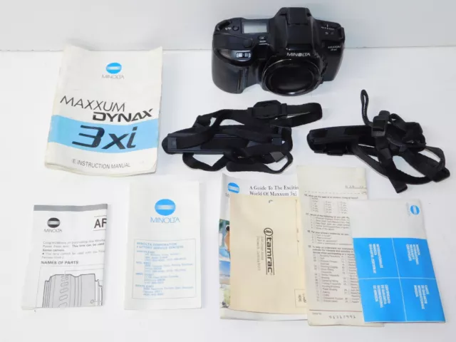 Minolta Maxxum 3xi Black 35mm Film Camera Body Manual Lens Cap Neck Strap Bundle