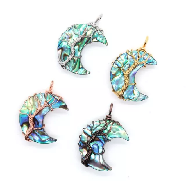Natural Paua Abalone Shell Crescent Moon Wire Wrapped Tree Life Pendant Necklace 2