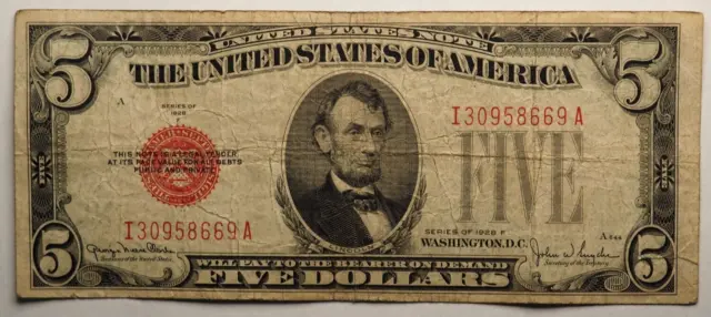 1928 **F** 5 Dollar United States Note  **Red Seal** - Free Shipping! #0362