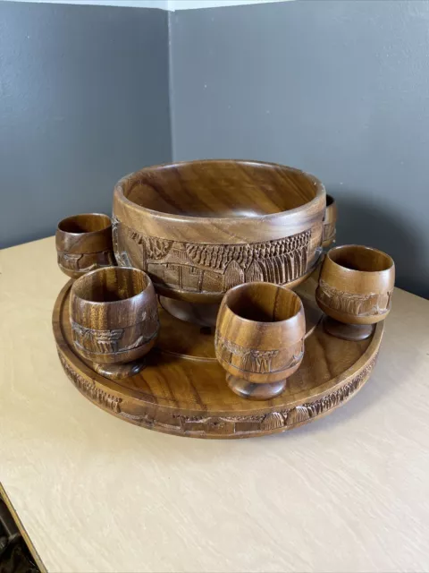 Tiki Hand Carved Wood Punch Bowl Set with 5 Goblets Hawaii