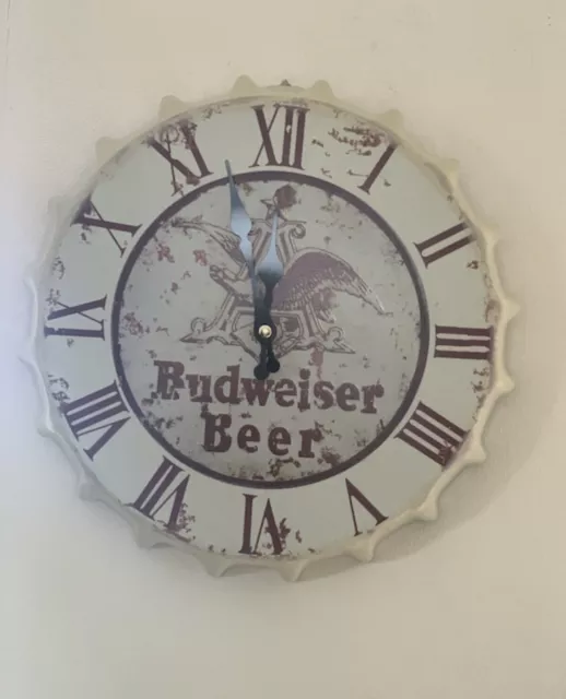 Budweiser Vintage Retro 30cm Wall Clock Metal Bottle Top Man cave Bar