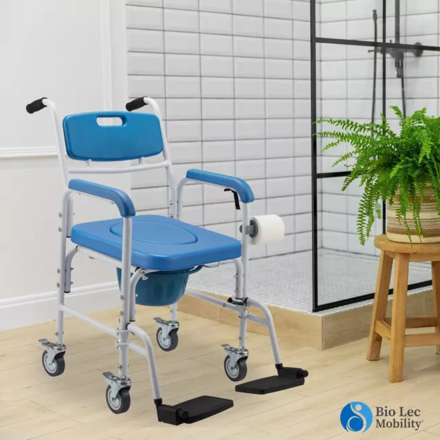 3-IN-1 Wheeled Mobile Toilet Commode, Shower Chair Wheelchair Footrests | New