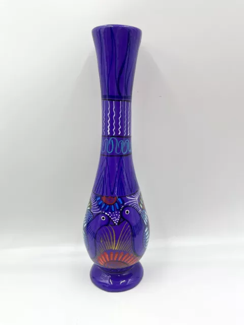 Vintage 13” Talavera Purple Mexican Hand Painted Red Clay Vase Birds Flowers
