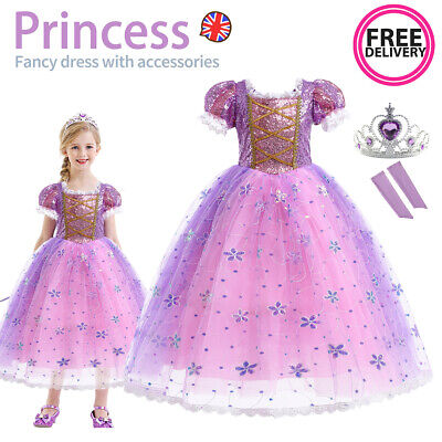Girls Kids Tangled Rapunzel Princess Fancy Dress Up Party Cosplay Outfit Crown