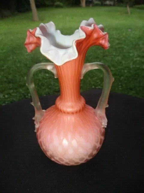 c.1880's STEVENS & WILLIAMS CORAL PINK MOTHER OF PEARL SATIN ART GLASS URN VASE 3