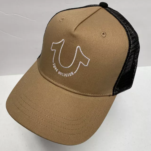 True Religion Tan Brown Horseshoe Logo Trucker Mesh Adjustable Snapback Hat