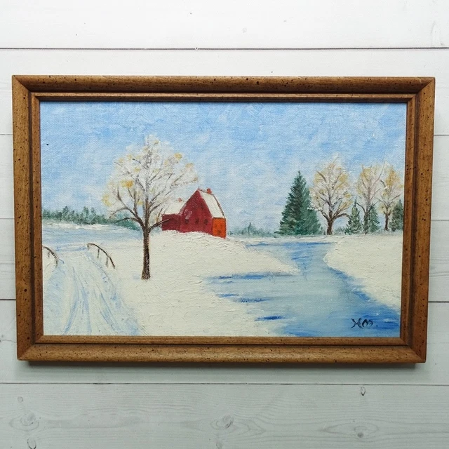NAIVE MINIATURE FOLK Art Winter Landscape Oil Painting Red Colonial ...