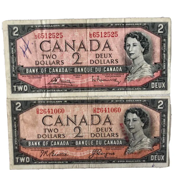 Two 1954 Canada 2 Dollar Bills
