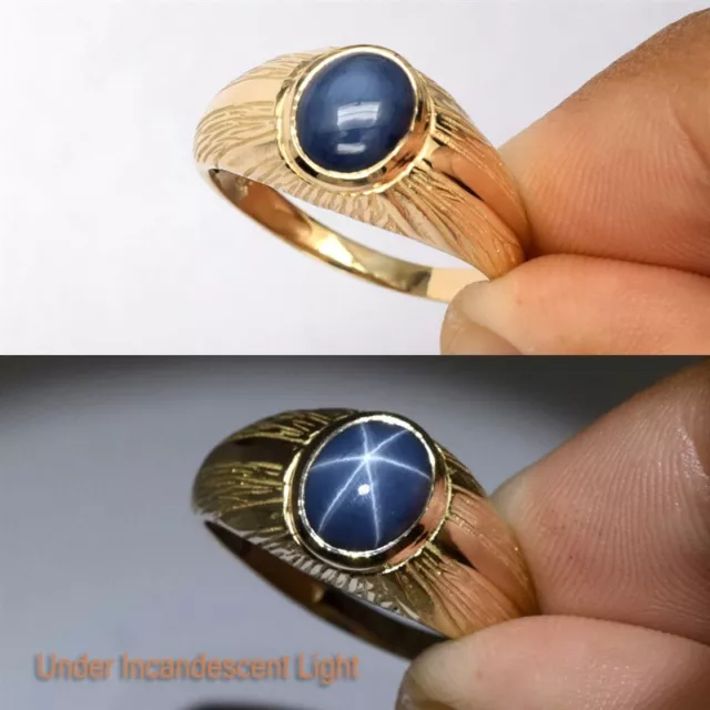 3.25ct 6 Rays Dark Blue Star Sapphire Men Ring Solid 14K Yellow Gold Size 10US