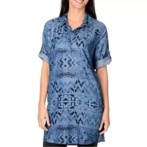 Philosophy NWT Women's S M L XL Denim Blue Tencel Tunic Dress w/ Aztec Print