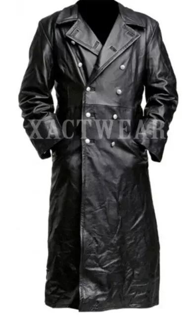 Men's German Classic Ww2 Military Officer Uniform Black Leather Trench Coat #