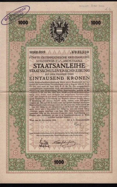 AUSTRIA   State / War Bond 1,000 Crowns Vienna dd 1916