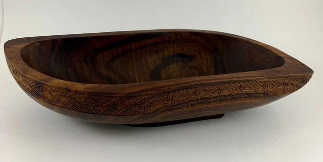 Vintage MCM Hand Carved Black Walnut Wood Centerpiece Bowl Fruit