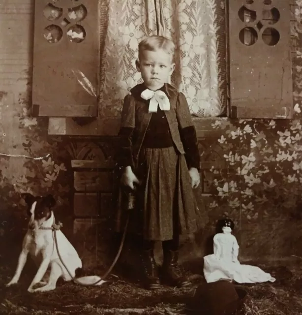 Boy with Dog and Doll Armantrout of Anthony Kansas Cabinet Card Photo Geo Gesmer