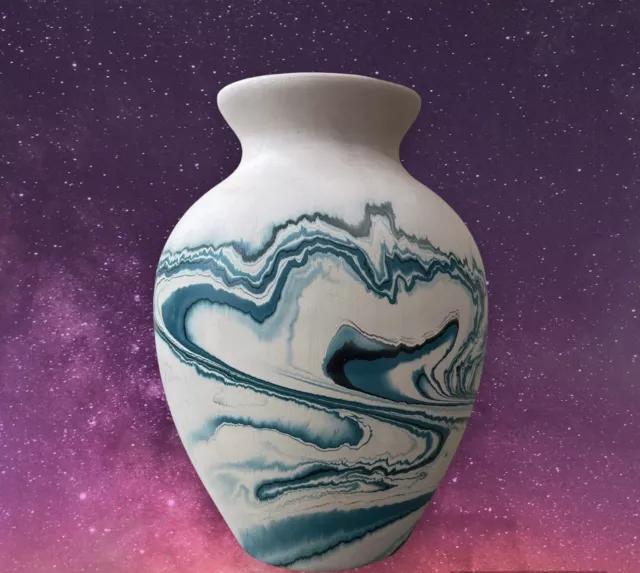 Nemadji Indian Art Pottery Vase  Native Clay Blue Turquoise Marble Swirl USA
