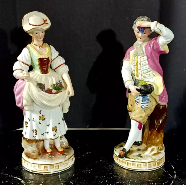 Antique Continental Porcelain Figurine, Peasant with Grapes Couple, 9" high.