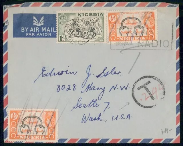 NIGERIA Airmail Cover to Seatle Wash. USA Year ? Slogan Cancel Radio postage due