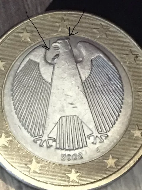 1 Euro Münze Deutschland 2002 Fehlprägung Pickeln neben Adler