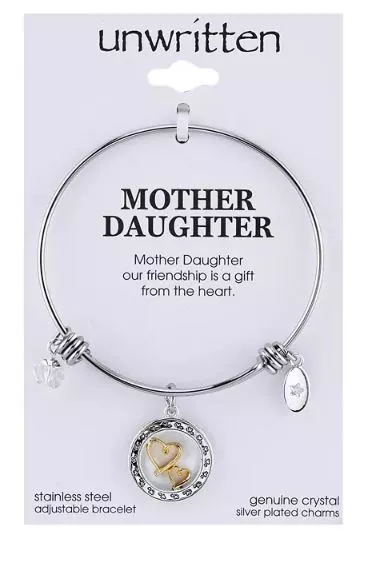 Unwritten Two-Tone Double Heart Mother Daughter Charm Bangle Bracelet in Stainle