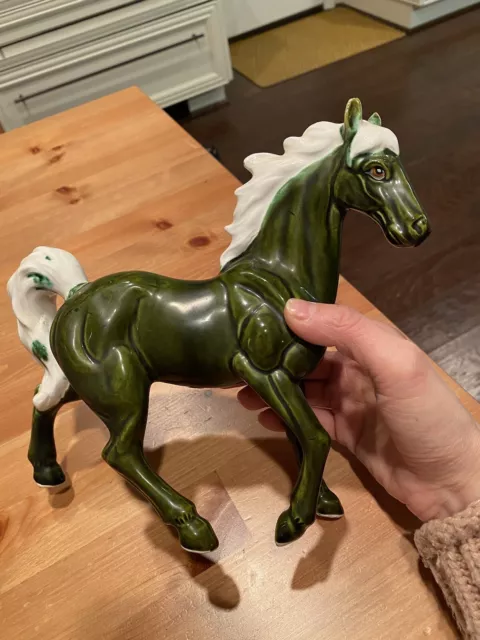 Vintage porcelain horse figurine made in Japan Dark Green Color 8” Tall