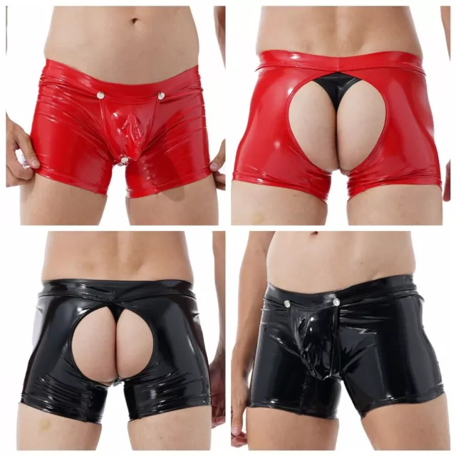 Men Patent Leather Wetlook Open Butt Crotchless Boxer Shorts Hot Pants Underwear