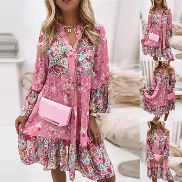 Womens Floral Boho V Neck Loose Dress Ladies Long Sleeve Summer Holiday Sundress