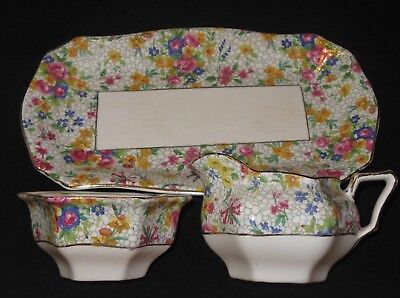 Royal Winton Grimwades China Chintz FIREGLOW Sugar Bowl Creamer & Tray 1930s