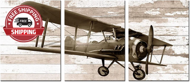 Airplane Wall Art for Boys Bedroom Decor Propeller Aircraft on Vintage Wooden Ba