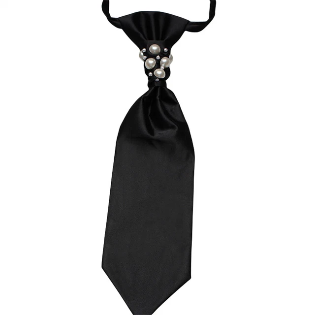 Women's Solid Satin Pre-tied Neck Ascot Tie Beads Decor Knot Wide Necktie Cravat